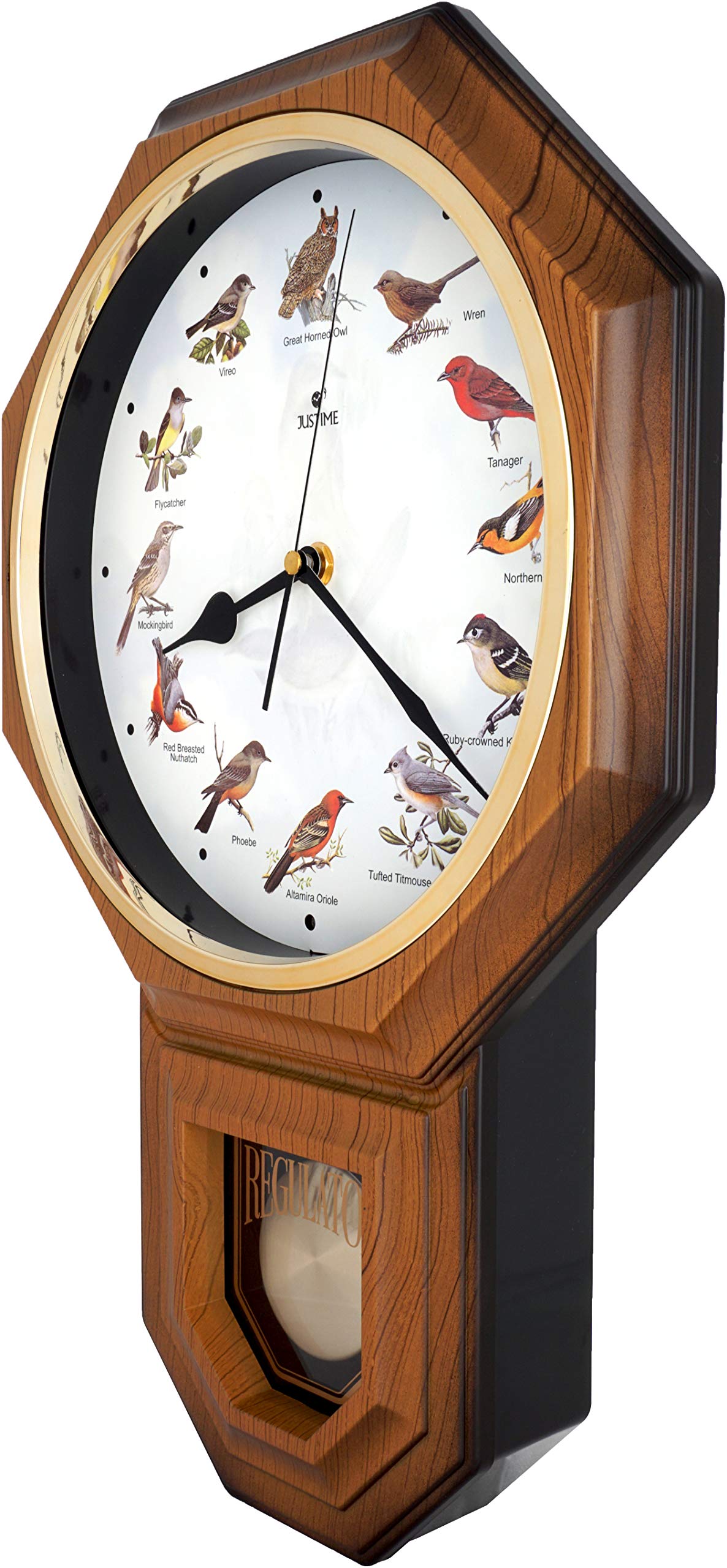 JUSTIME Unique 12 North America Bird's Song Schoolhouse Pendulum Wall Clock Chimes Every Hour Melody - Made in Taiwan