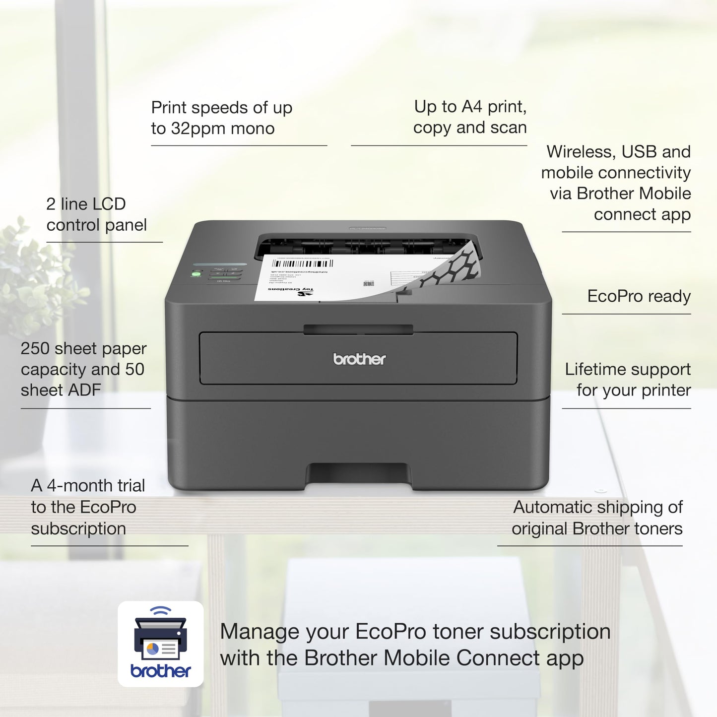 BROTHER HL-L2400DWE Mono Laser Printer with EcoPro subscription - Made in Vietnam