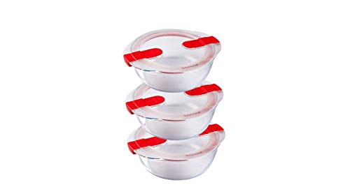 Pyrex Cook & Heat Set of 3 Round Glass Food 1.1L with Microwave Airtight Lid-Storage Containers - Made in France