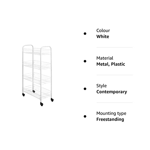 Metaltex Pisa 4-Tier Multipurpose Storage Cart with Wheels 41 x 23 x 84 cm (White) - Made in Italy