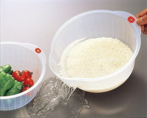 Inomata Japanese Rice Washing Bowl with Side and Bottom Drainers, Clear