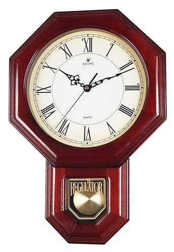 JUSTIME Traditional Schoolhouse Solid Wood Roman Pendulum Wall Clock Chimes Hourly with Westminster Melody Chime - Made in Taiwan