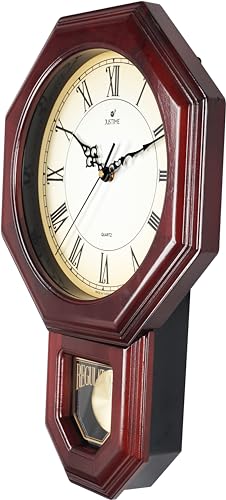 JUSTIME Traditional Schoolhouse Solid Wood Roman Pendulum Wall Clock Chimes Hourly with Westminster Melody Chime - Made in Taiwan