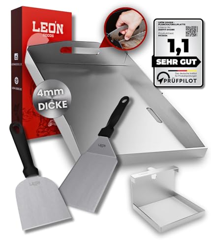 LEÓN Goods 4 mm Plancha Stainless Steel Grill Plate (Includes Grill Scraper/Spatula) - Made in Germany