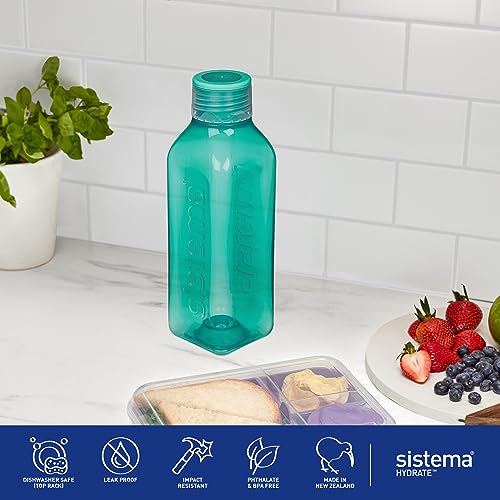 Sistema 1L Square Kids Water Bottles Ocean Blue & Minty Teal (2 Count) - Made in New Zealand