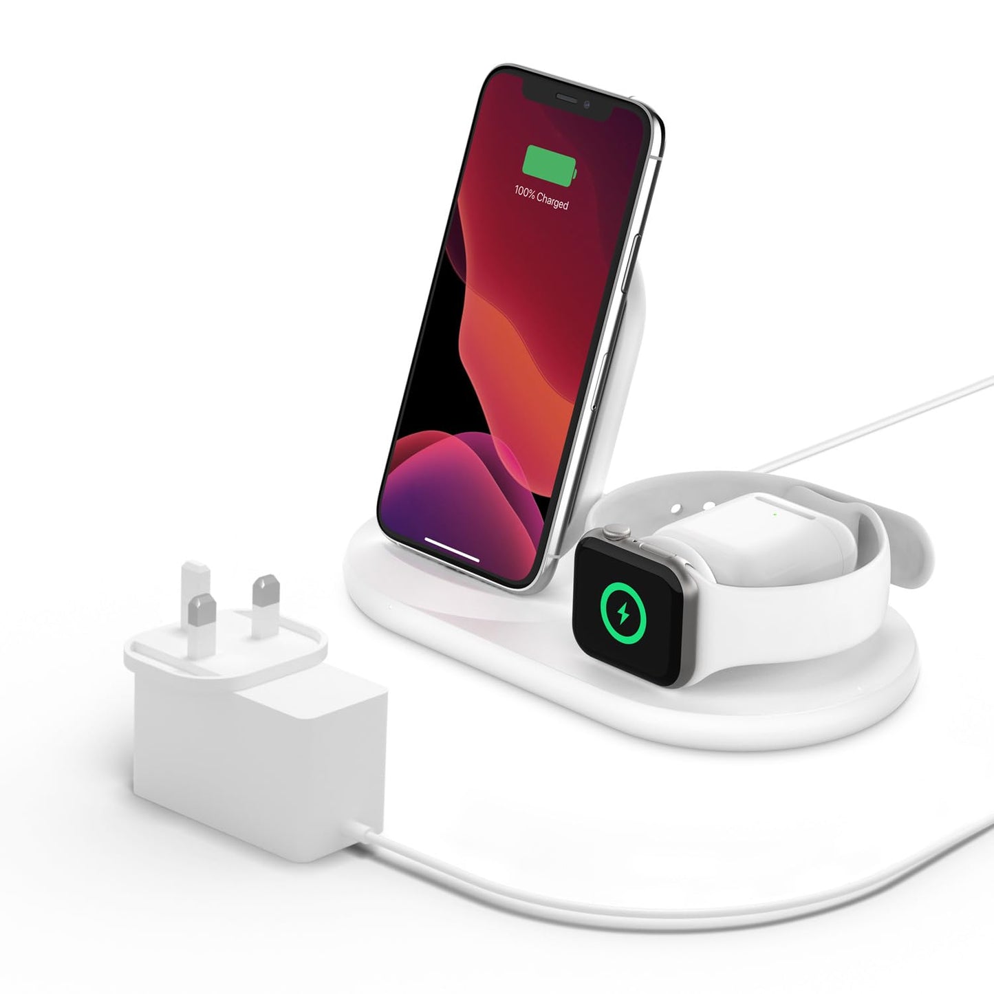 Belkin 3 in 1 Wireless 7.5W Charging Station for iPhone, Apple Watch and AirPods (White) - Made in Vietnam