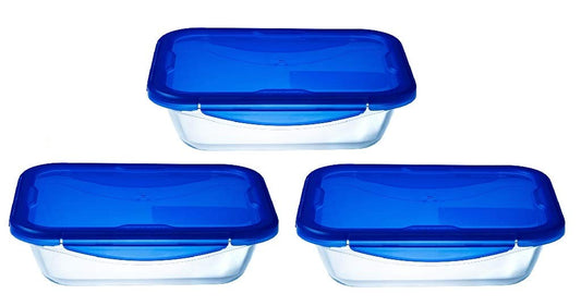 Pyrex® Cook & Go Set of 3 Rectangular Glass Storage Boxes with Airtight and Waterproof Lids (20 x 15 cm, 0.8L) - Made in France