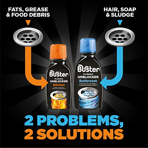 Buster Bathroom Drain Unblocker Removes Hair & Sludge in Showers 300ml, Pack of 3 - Made in UK