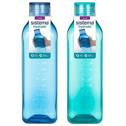 Sistema 1L Square Kids Water Bottles Ocean Blue & Minty Teal (2 Count) - Made in New Zealand