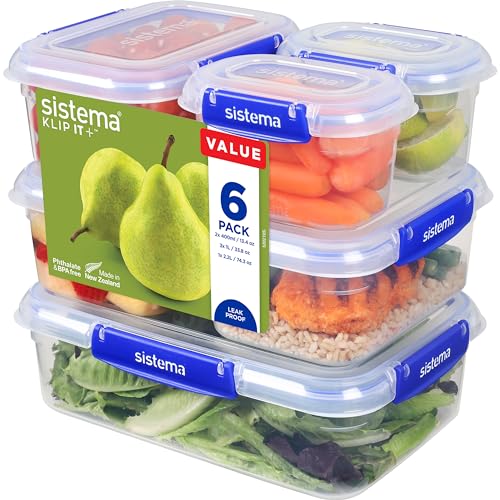 Sistema KLIP IT PLUS Leakproof Food Storage Containers, 2.2L, 1 L & 400 ml, 6 Count - Made in New Zealand