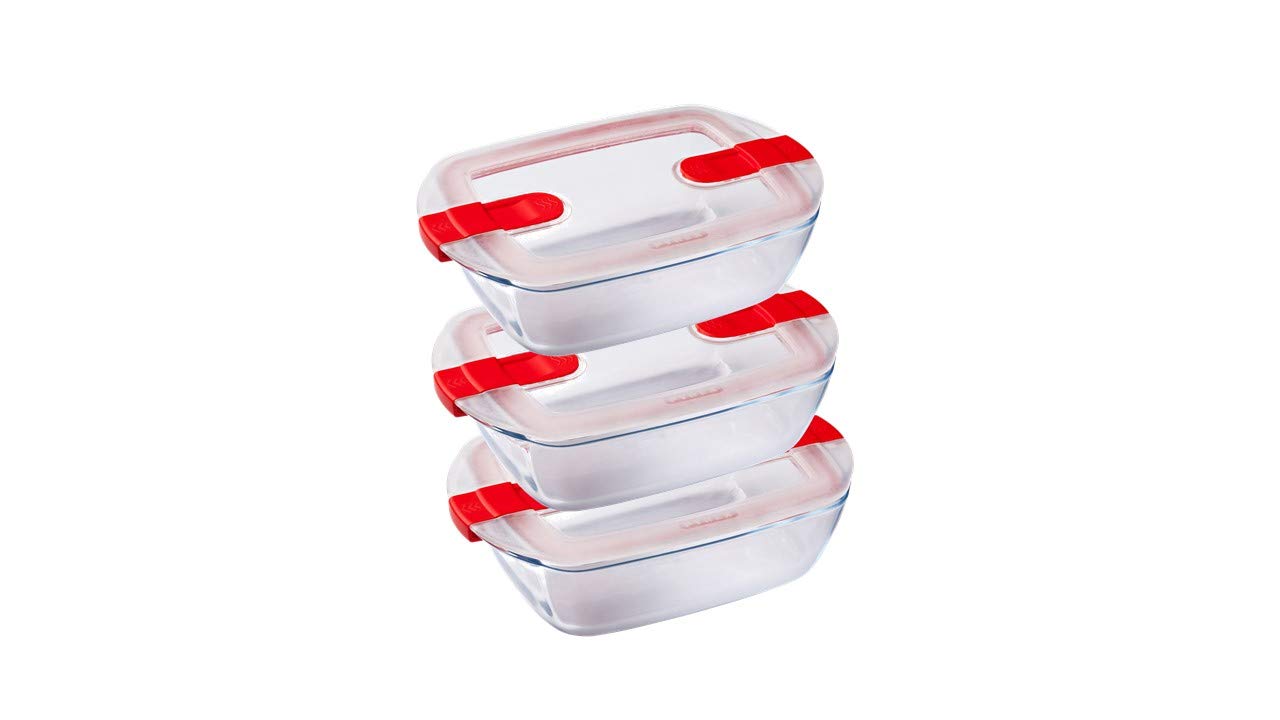 Pyrex Cook & Heat Set of 3 1.1L Rectangular Glass Food Microwave Airtight Lids - Made in France