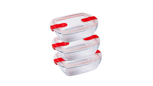 Pyrex Cook & Heat Set of 3 1.1L Rectangular Glass Food Microwave Airtight Lids - Made in France