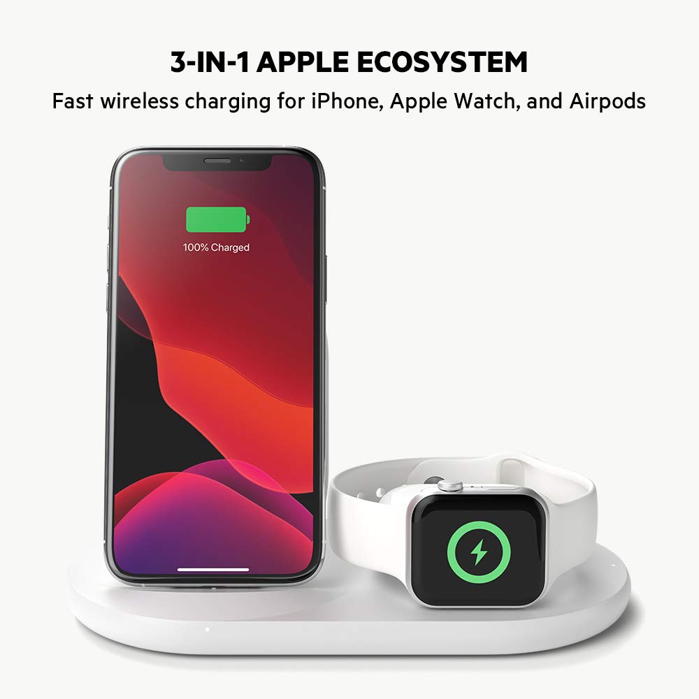 Belkin 3 in 1 Wireless 7.5W Charging Station for iPhone, Apple Watch and AirPods (White) - Made in Vietnam