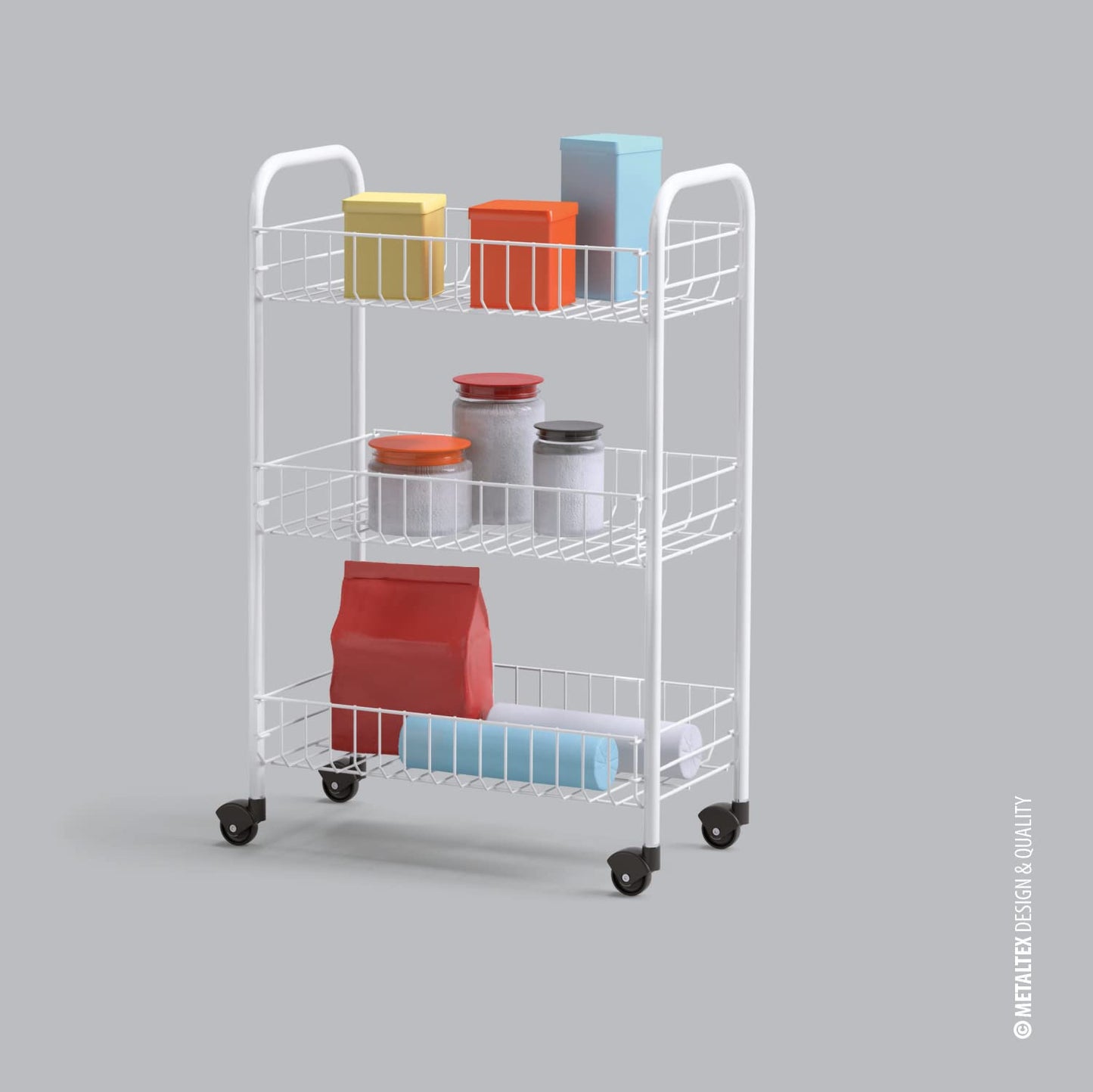 Metaltex Siena 3-Tier Multipurpose Storage Cart (White Metal) - Made in Italy