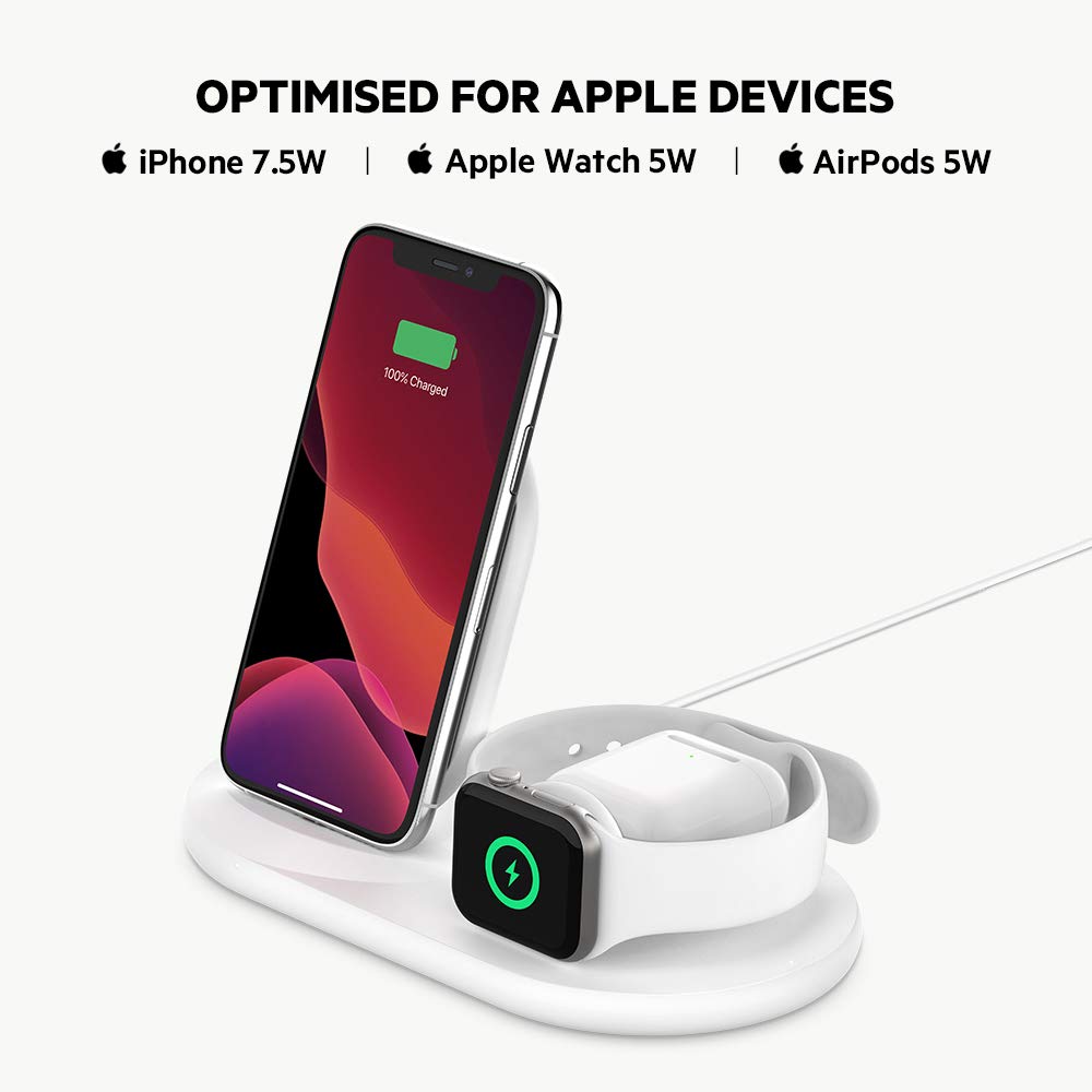 Belkin 3 in 1 Wireless 7.5W Charging Station for iPhone, Apple Watch and AirPods (White) - Made in Vietnam