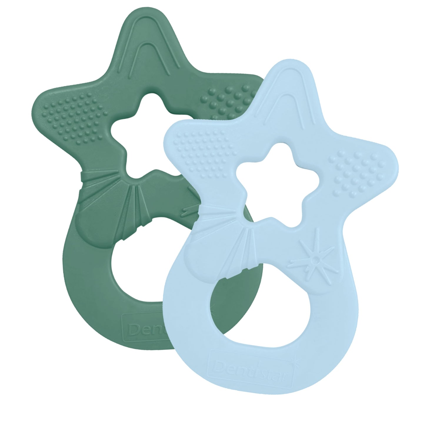 Dentistar Star Green & Light Blue Soft Silicone Baby Teething Ring Teether Pack of 2 (3+ Months) - Made in Germany -