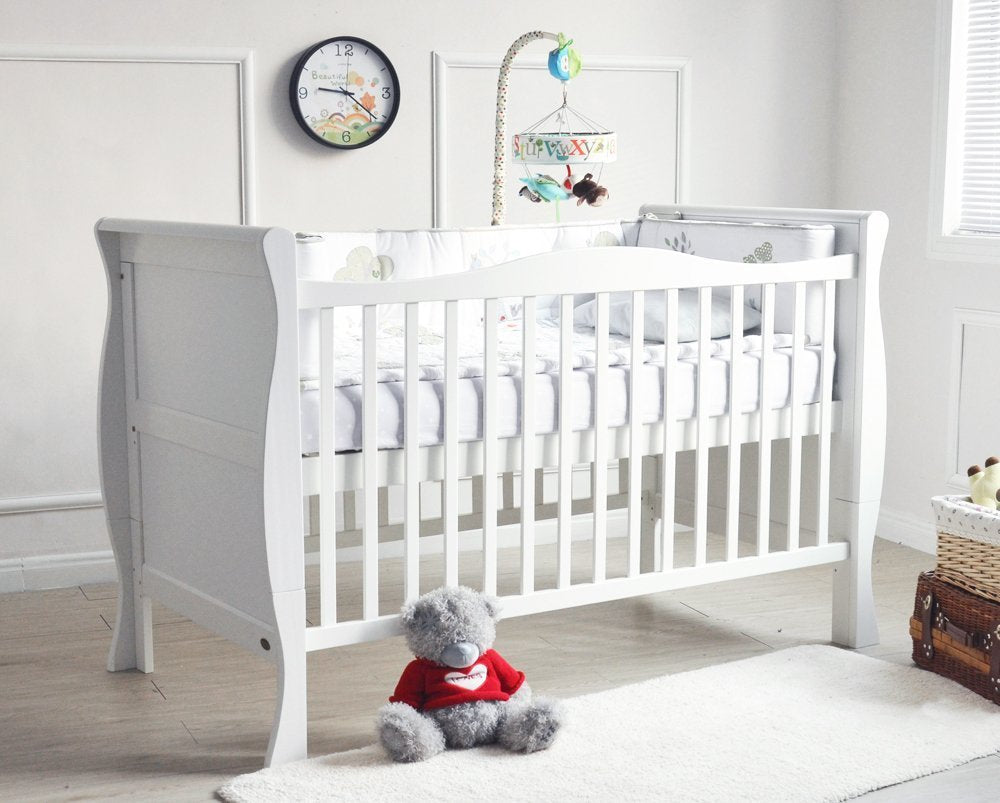 MCC Solid Wooden Sleigh Baby Cotbed, Toddler Bed & Premier Water Repellent Mattress - Made in England