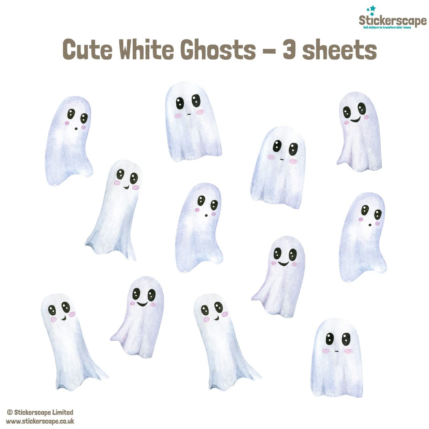 Halloween Ghost Window Stickers Reusable & Cleanly Removable (Cute Ghosts 3 Sheets) - Made in UK