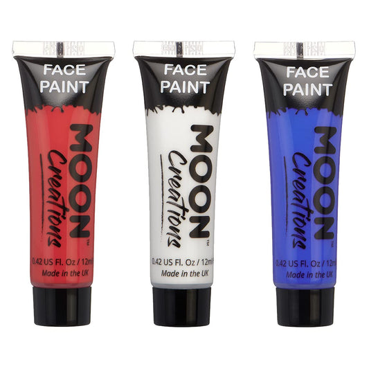 Moon Creations Face & Body Paint Tubes | Red, White, Blue Set | 12ml - Made in UK