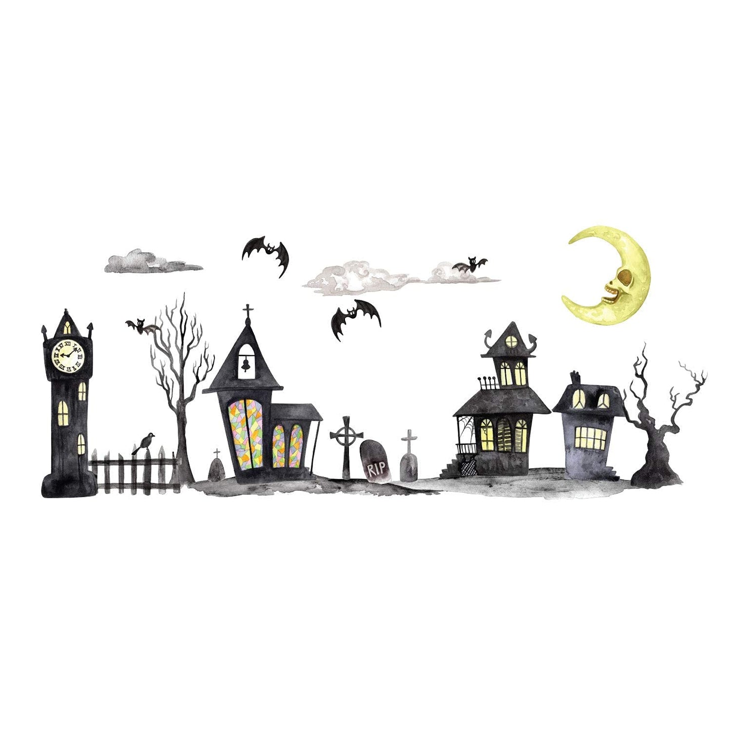 Stickerscape Halloween Window Stickers Reusable & Cleanly Removable (Night time Haunted Village - Large Size) - Made in The UK