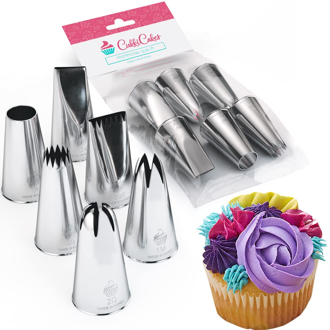 CukkiCakes 6pcs Large Piping Nozzles Set (1M, 2D, 4B, 1A, 124, 895) Icing Nozzles, Piping Tips for Decorating Cakes, Cupcakes - Compatible with Piping Bags - Made in Korea