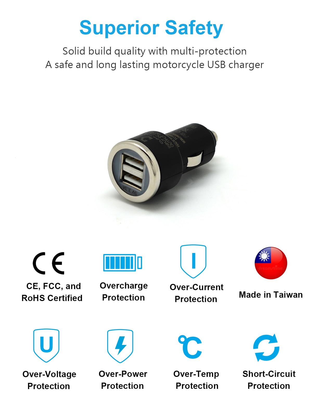 Cliff Top 3.3 Amp Ultra Fast USB Car Charger - Made in Taiwan