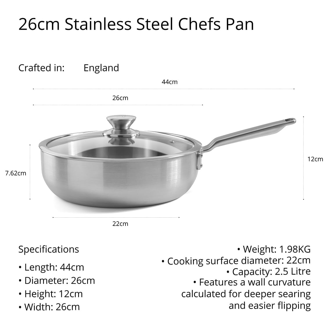 Samuel Groves Stainless Steel 26cm Saute Pan with Lid - Made in UK