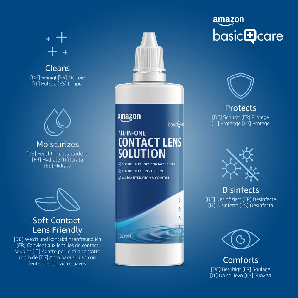 Amazon Basic Care All-In-One Solution for Soft Contact Lenses, 3 x 360ml - Made in Italy