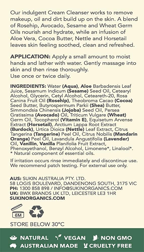 Sukin Cream Cleanser (125ml pump) - Made in Australia