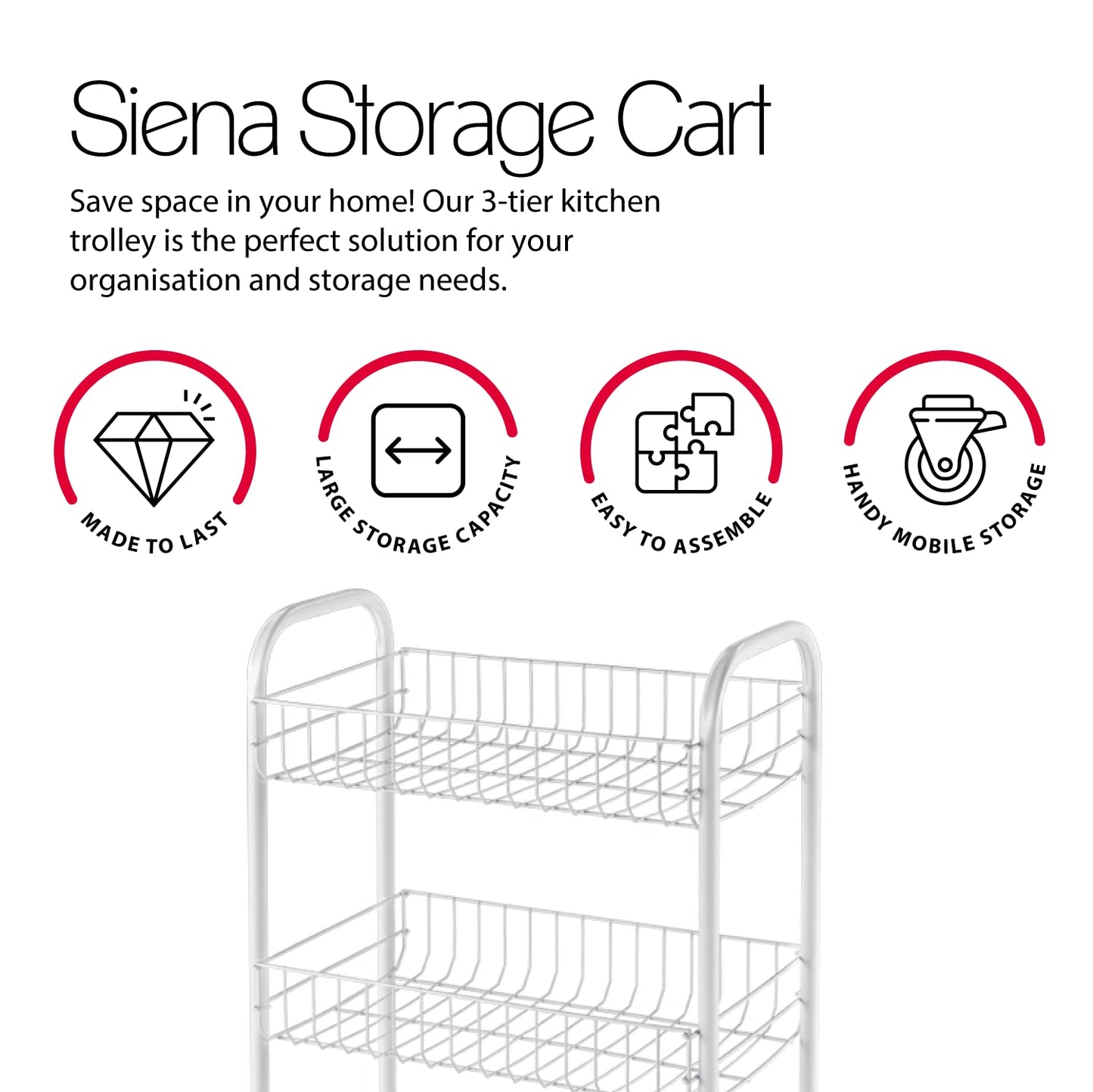 Metaltex Siena 3-Tier Multipurpose Storage Cart (White Metal) - Made in Italy