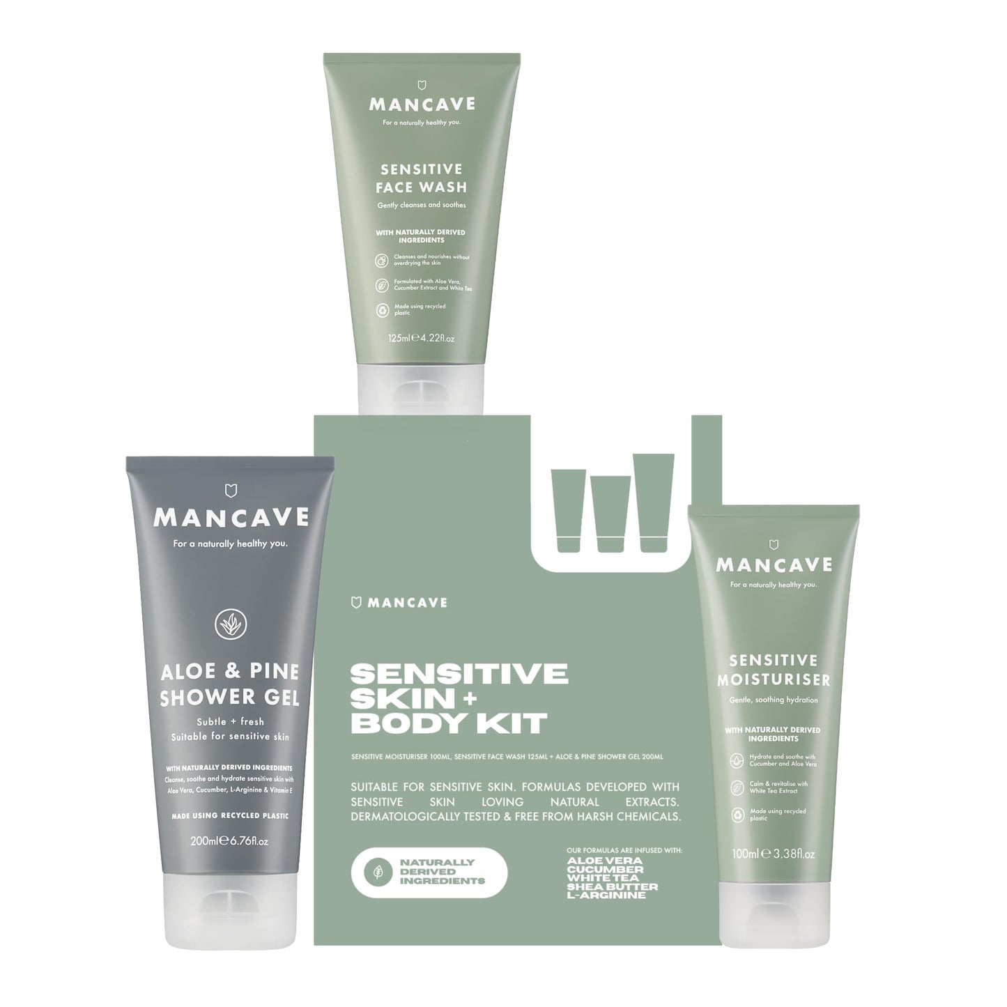 ManCave Sensitive Skin & Body Vegan Gift Set: Face Wash, Moisturiser, Shower Gel - Made in England