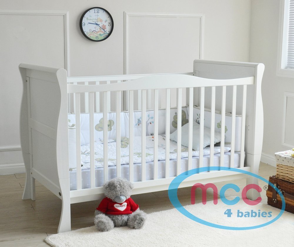 MCC Solid Wooden Sleigh Baby Cotbed, Toddler Bed & Premier Water Repellent Mattress - Made in England