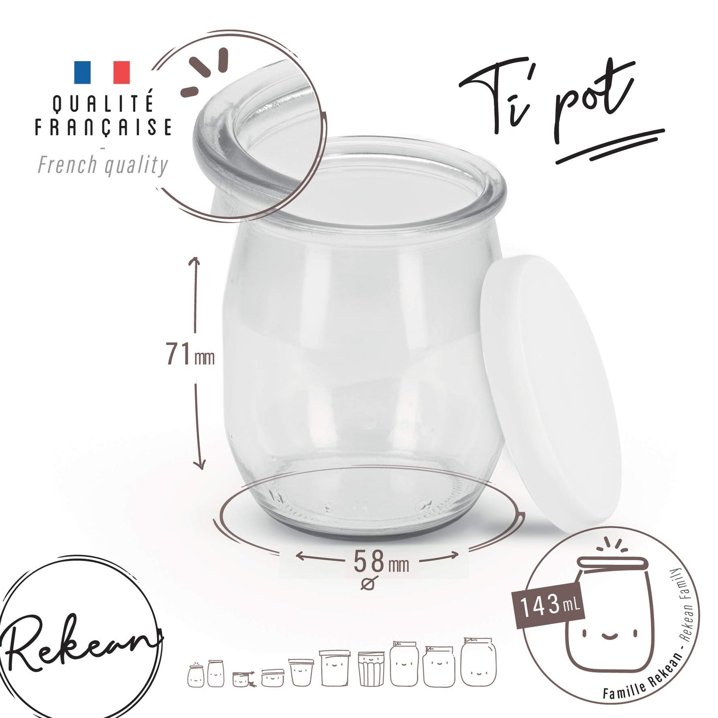 Rekean 143ml Glass Yoghurt Jar with White Clipser Lids (Lot of 12) - Made in France