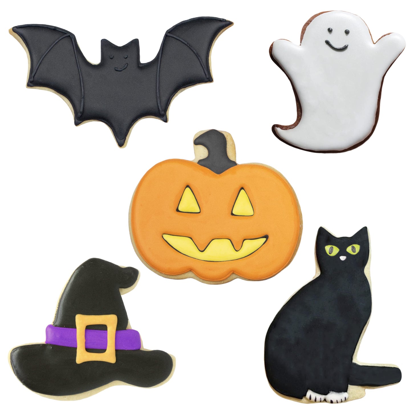 Ann Clark Halloween Cookie Cutters Pumpkin, Ghost, Bat, Black Cat, Witch Hat 5-Pc Set - Made in USA