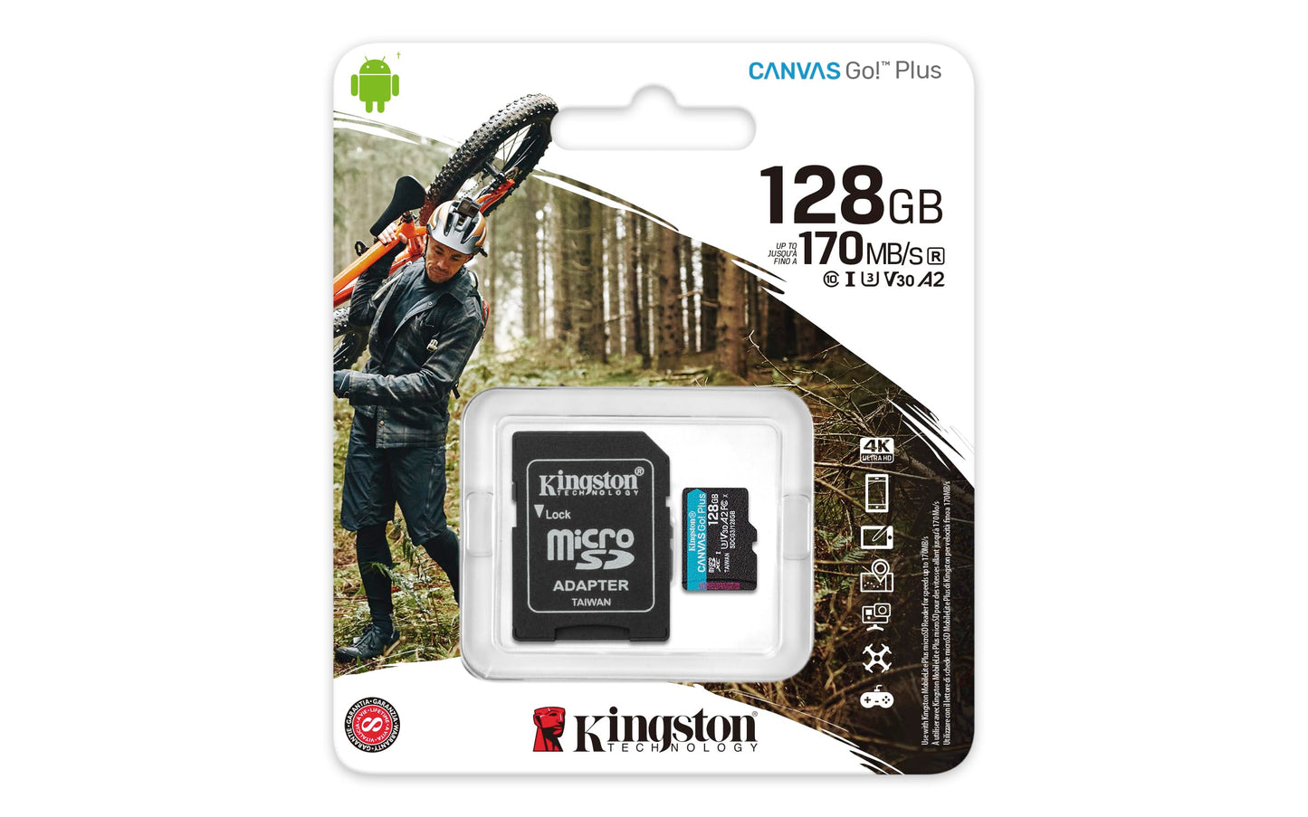 Kingston Canvas Go! Plus microSD memory card Class 10, UHS-I 128GB microSDXC 170R A2 U3 V30 Card + ADP - Made in Taiwan