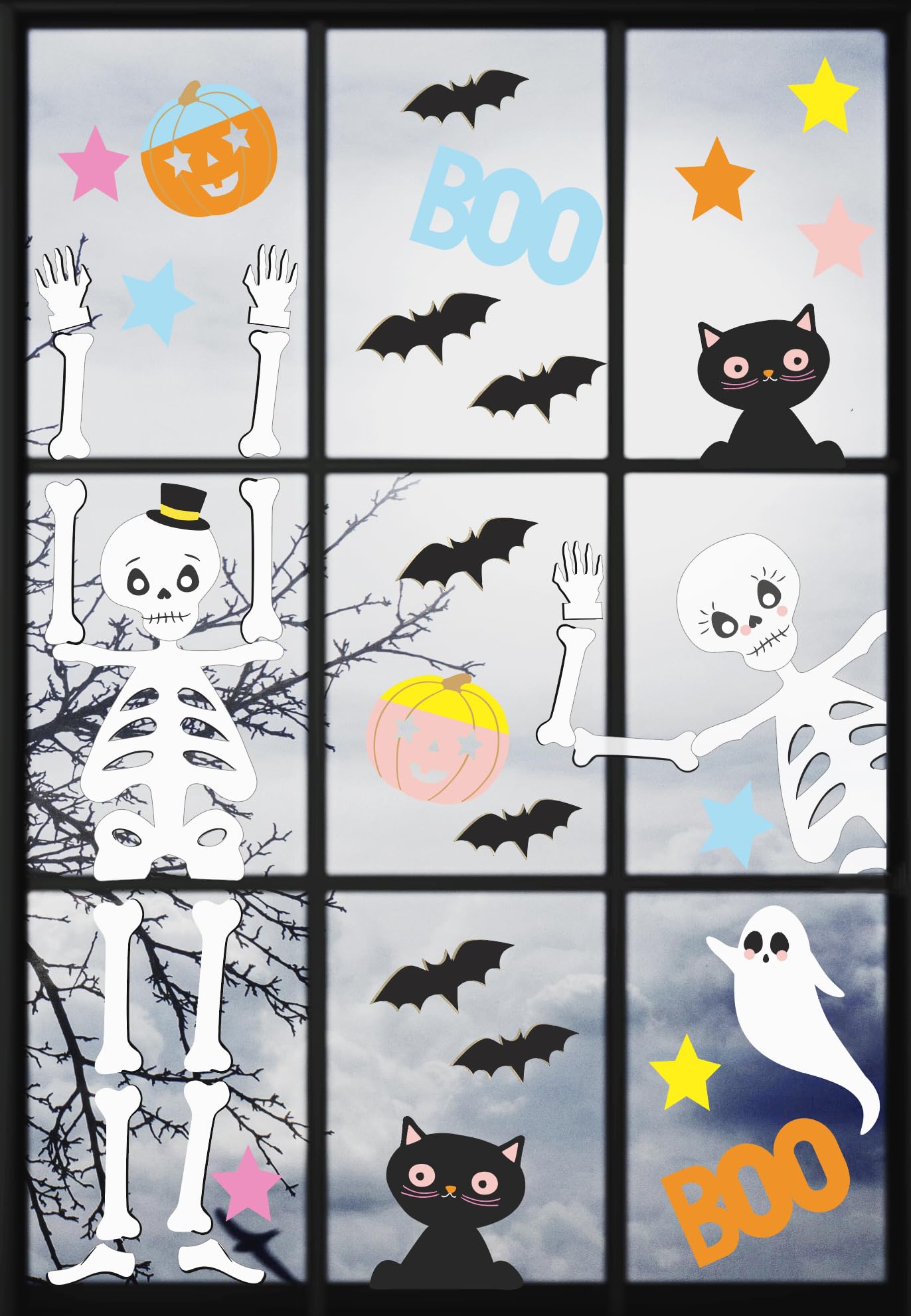 Talking Tables Halloween Reusable Window Stickers Featuring Bats, Skeletons, Black Cats, Pumpkins (6 Sheets) - Made in UK