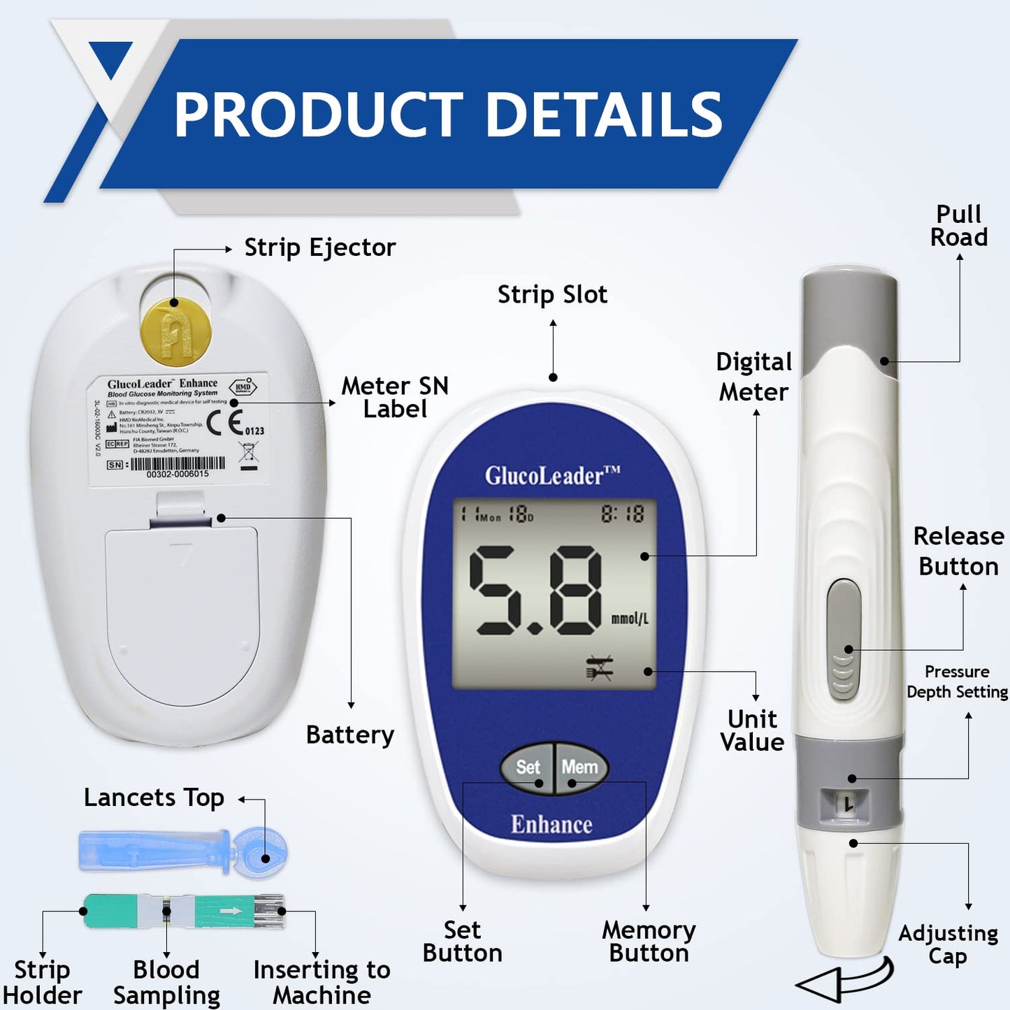 Glucoleader Enhance Blood Glucose Monitor with Test Strips and Lancets - Made in Taiwan