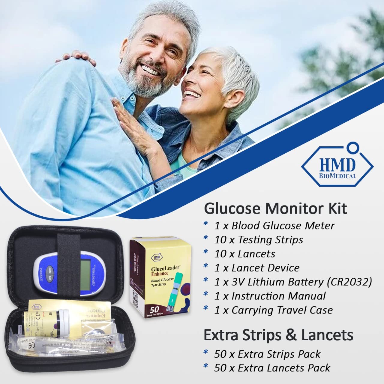 Glucoleader Enhance Blood Glucose Monitor with Test Strips and Lancets - Made in Taiwan