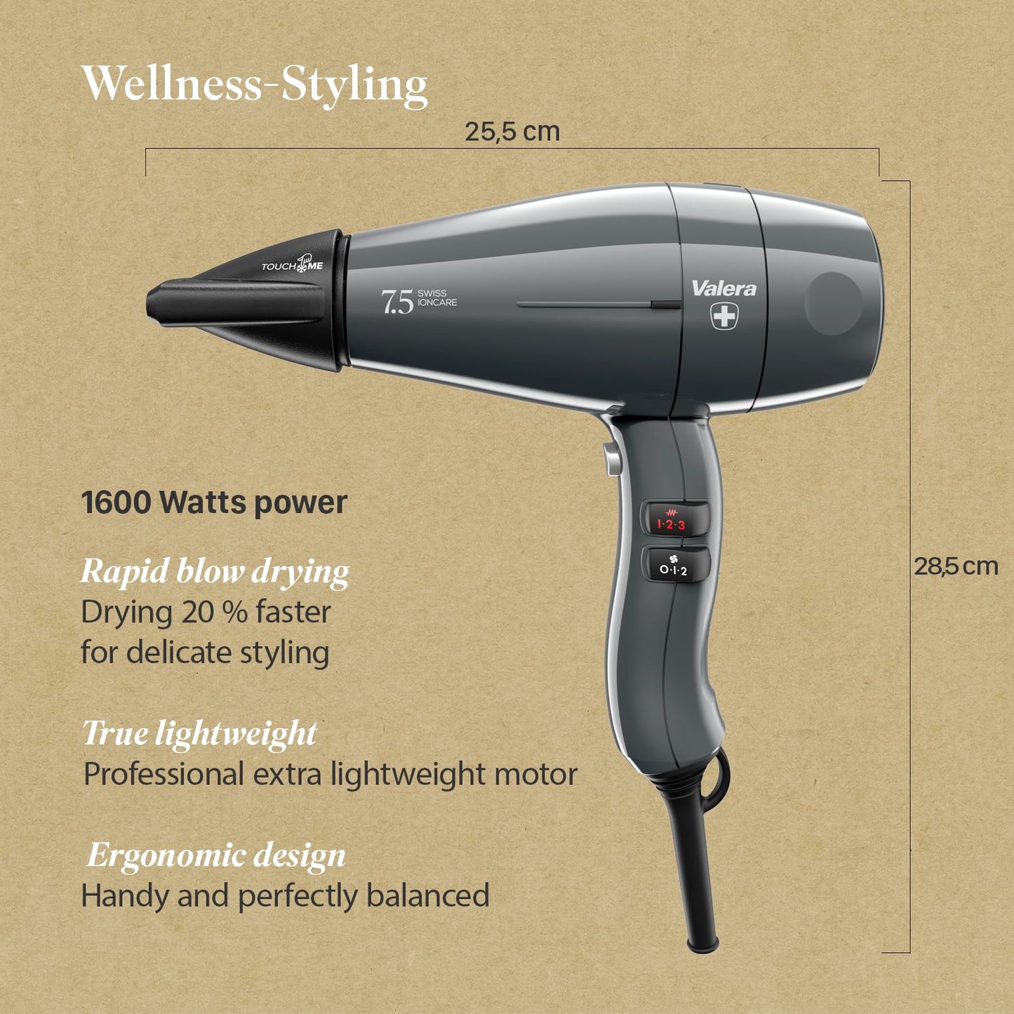 Valera Swiss Ioncare 7.5 Professional Silent Hairdryerwith Diffuser 2000W - Made in Switzerland