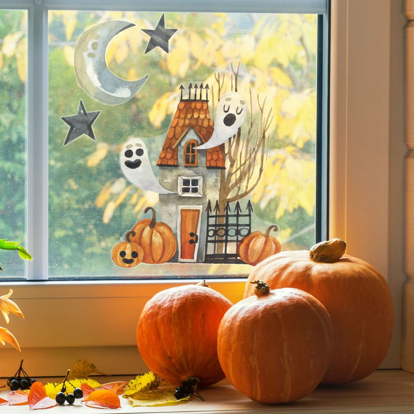 Halloween Window Stickers Reusable and Cleanly Removable (Haunted House - Regular Size) - Made in The UK