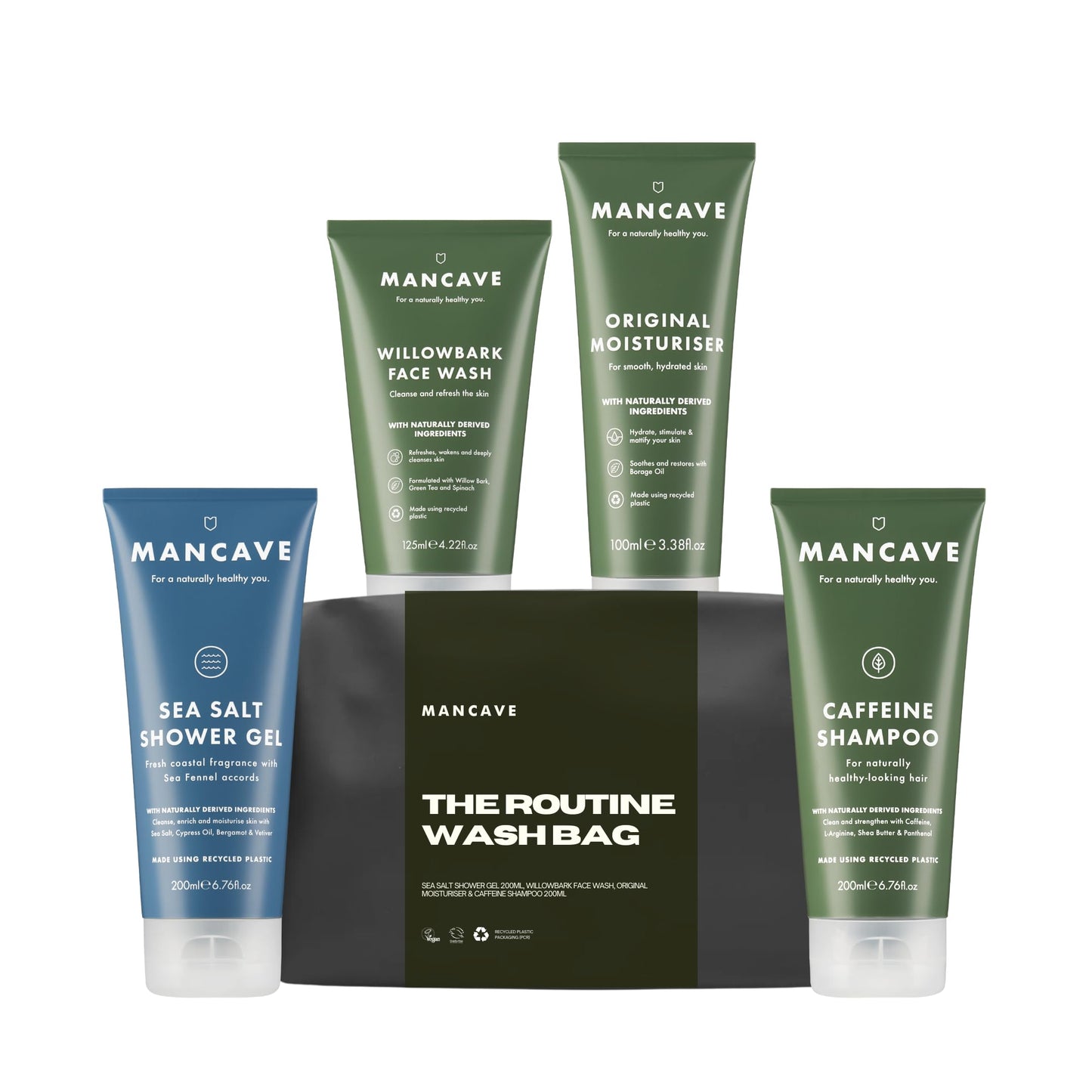 ManCave Durable Men's Vegan Toiletry Kit with Shower Gel, Shampoo, Moisturiser and Face Wash -  Made in England