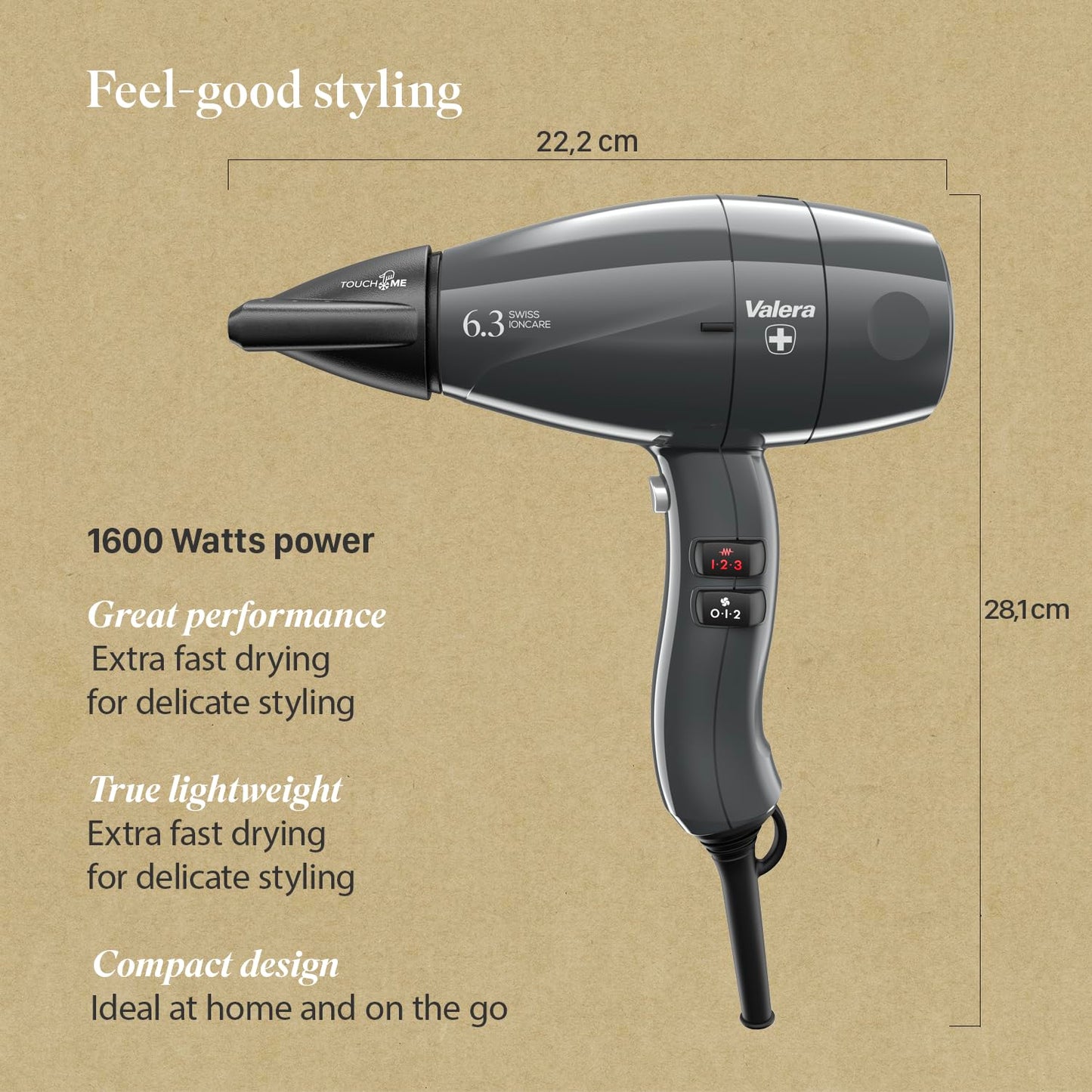 Valera Swiss Ioncare 6.3 Professional and Silent Hairdryer with Diffuser for Curly Hair 2000W - Made in Switzerland