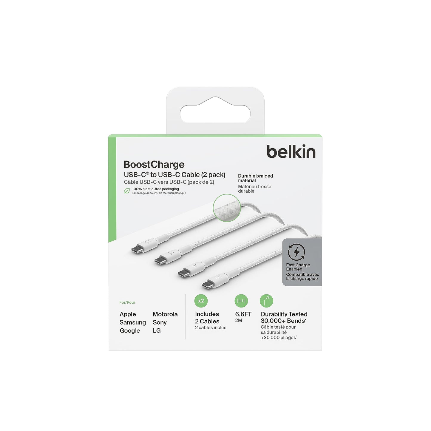 Belkin BoostCharge braided USB C fast charger cable 2m, 2pack, White - Made in Vietnam