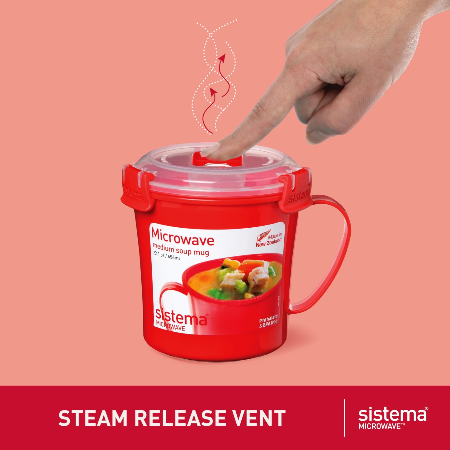 Sistema Microwave Soup Mug, Porridge Bowl & Noodle Bowl with Steam Release Vents (3 Count) - Made in New Zealand