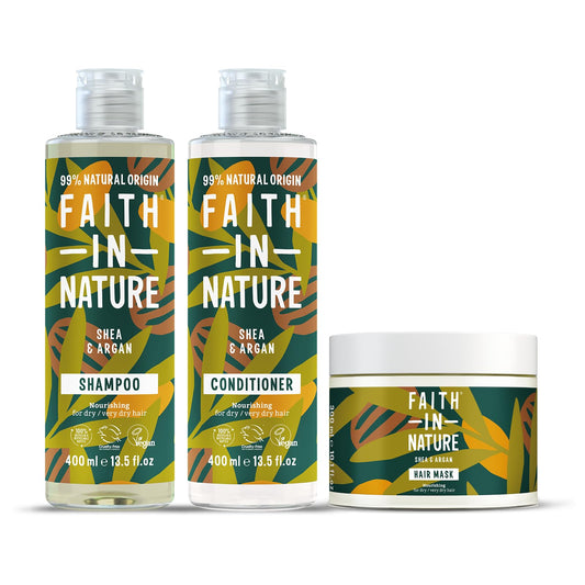 Faith In Nature Shea & Argan Natural Curly Hair 3 Piece Bundle: 400ml Shampoo & Conditioner & 300ml Hair Mask - Made in UK