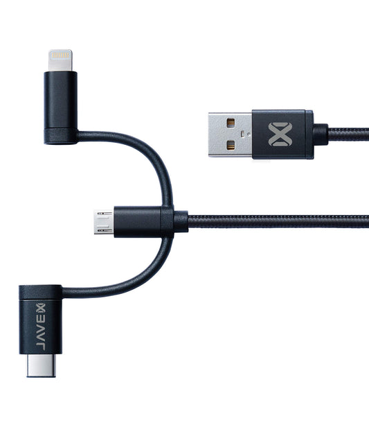 JAVEX Certified 3-in-1 Adapter Cable USB to Lighting, Type C & Micro USB cable - Made in Taiwan