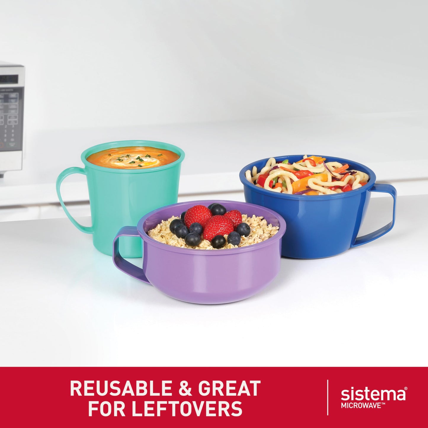 Sistema Microwave Soup Mug, Porridge Bowl & Noodle Bowl with Steam Release Vents (3 Count) - Made in New Zealand