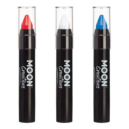 Moon Creations Face Paint Stick Body Crayon Union Jack Red White Blue Set of 3 | 3.2g - Made in UK