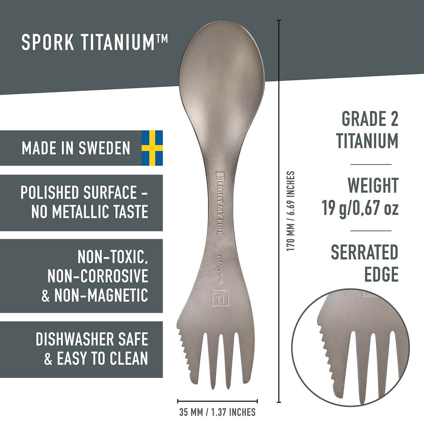 Light My Fire Titanium Spork 3-in-1 Camping Cutlery Knife Fork Spoon Set - Made in Sweden