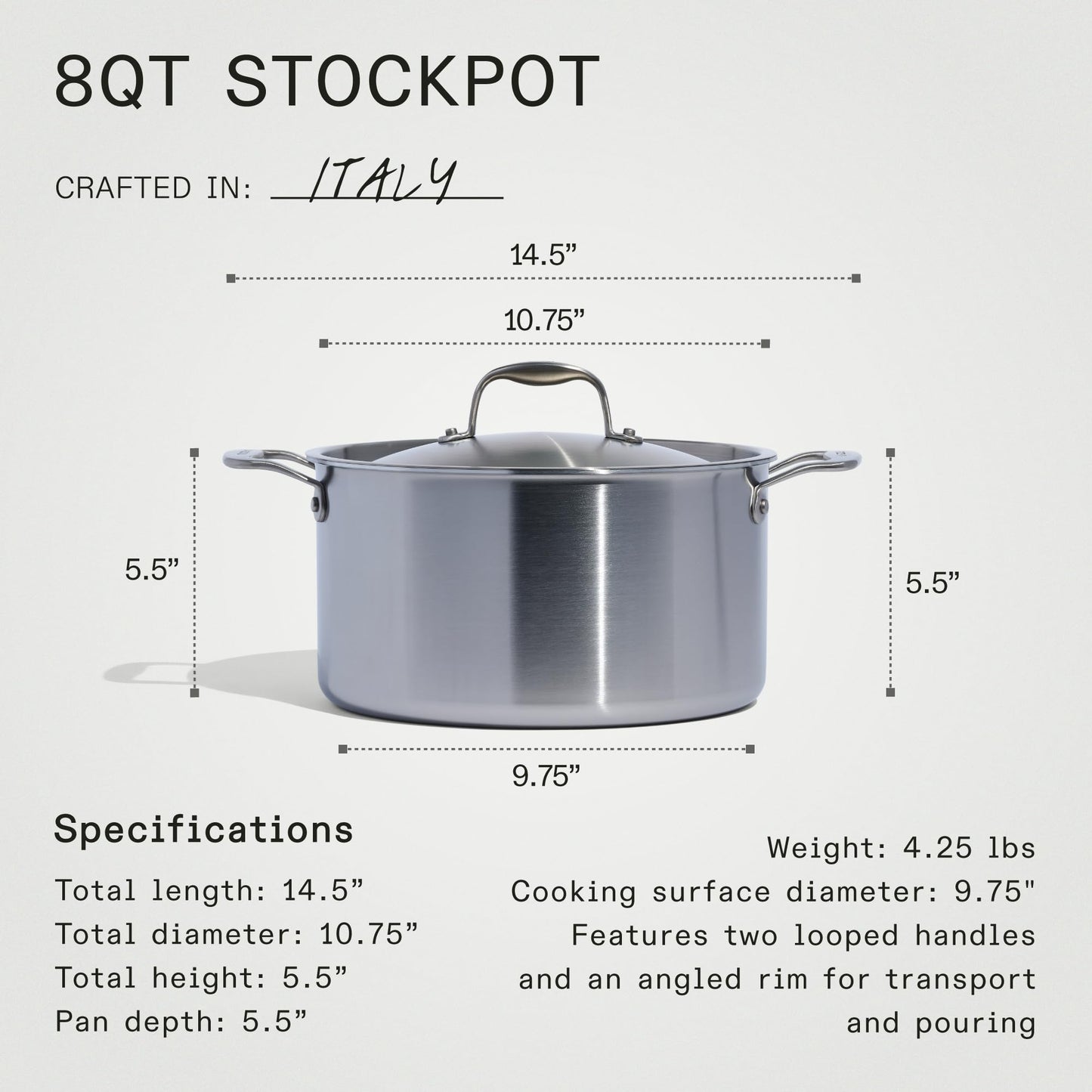 Made in Cookware - 8 Quart Stainless Steel Stock Pot with Lid - Made in Italy